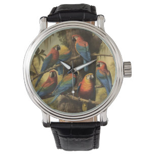 Reloj De Pulsera Escena botánica vintage loros coloridos en un árbo