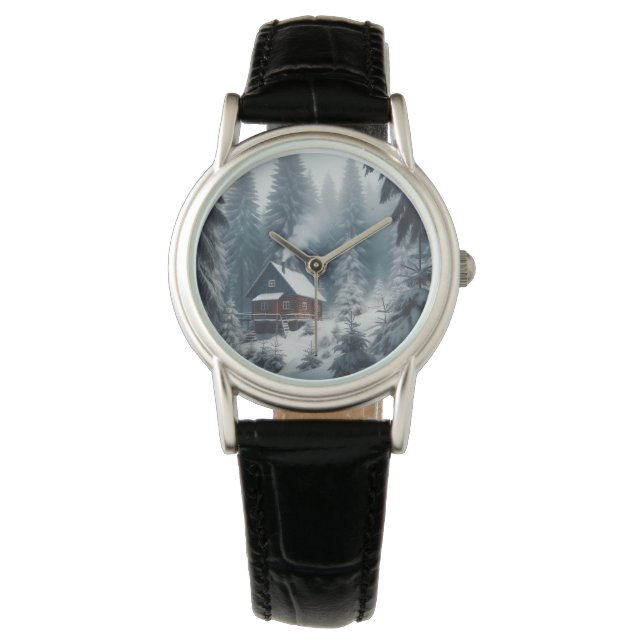 Reloj De Pulsera Escena de invierno de cabaña con nieve y pinos (Anverso)