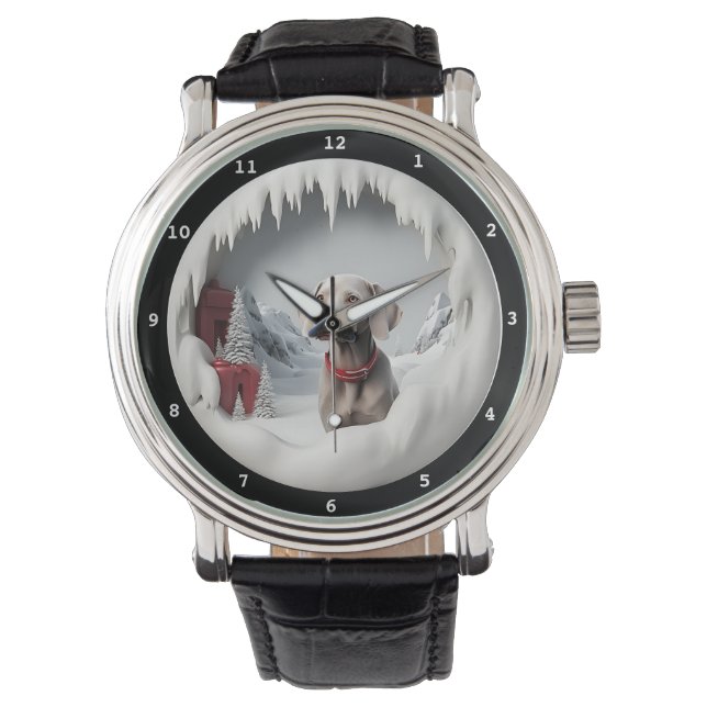 Reloj De Pulsera Escena de vacaciones de invierno del perro Weimara (Anverso)