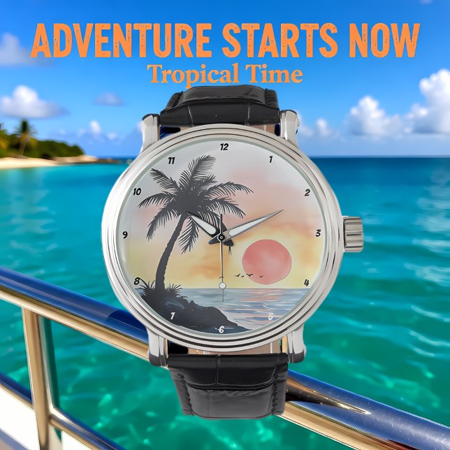 Reloj De Pulsera Escena del océano al atardecer tropical con palmer (Subido por el creador)