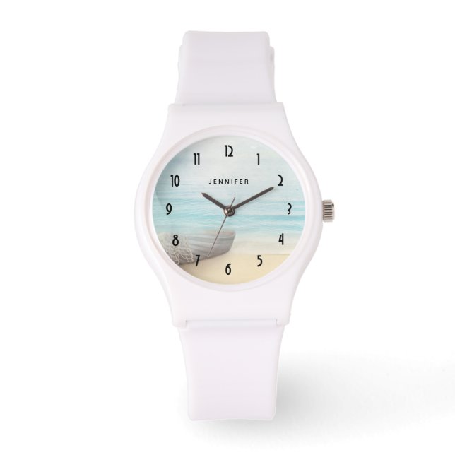 Reloj De Pulsera Escena náutica en la playa con red de lanchas y pe (Anverso)