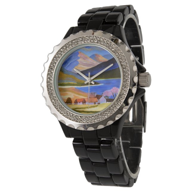 Reloj De Pulsera Esmalte negro con cristales de roca (Angular)