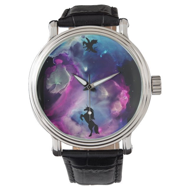 Reloj De Pulsera Espacio fantástico nebulosa unicornio dragón azul  (Anverso)