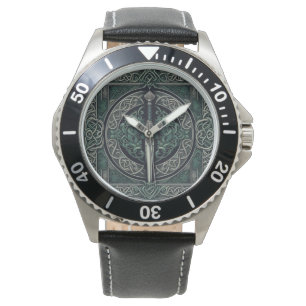 Reloj De Pulsera Espada verde celta y plateada