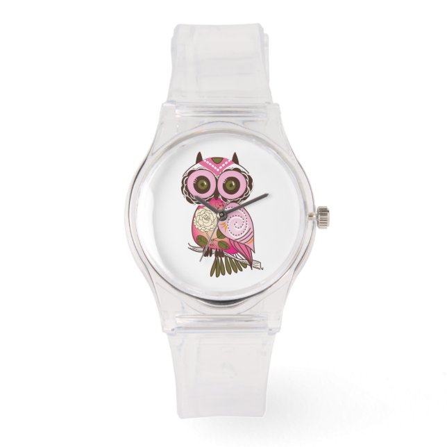 Reloj De Pulsera Espectacular abstracto patrón retro lechuza rosada (Anverso)