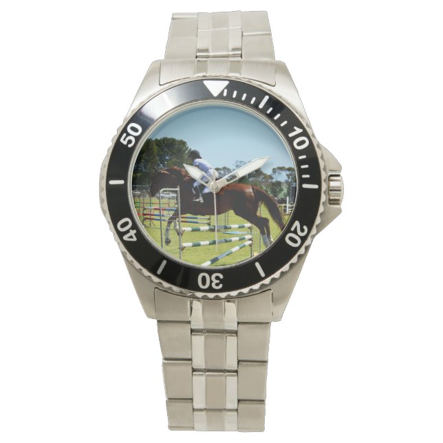 Reloj De Pulsera Espectáculo De Caballos Marrones Saltando, (Anverso)
