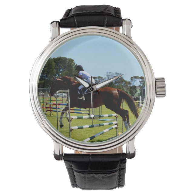 Reloj De Pulsera Espectáculo De Caballos Marrones Saltando, (Anverso)