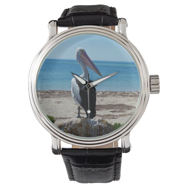 Reloj De Pulsera Esperando Pelícano A La Playa Con Hambre, (Anverso)