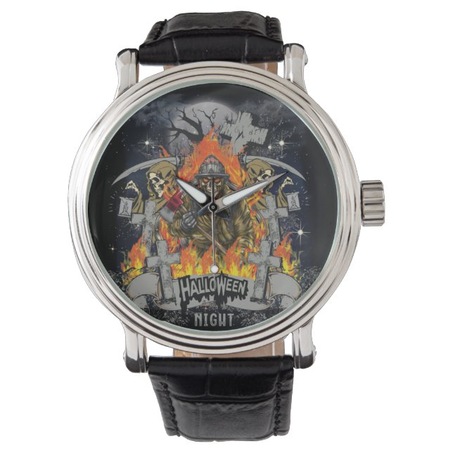 Reloj De Pulsera Espinoso Skeleton En Halloween De Noche (Anverso)