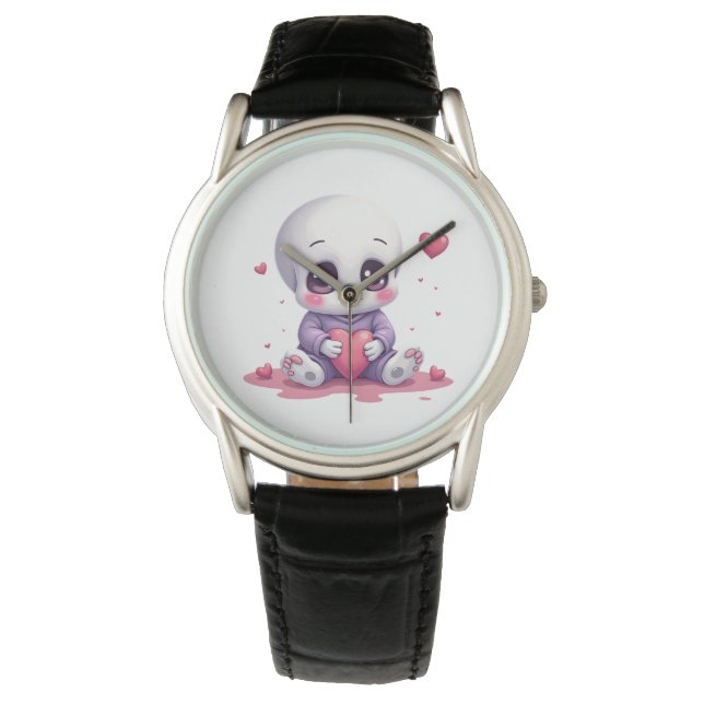 Reloj De Pulsera Esqueleto Kawaii Sosteniendo Corazón (Anverso)
