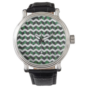 Reloj De Pulsera Estampado Chevron Cebra Negro y Verde