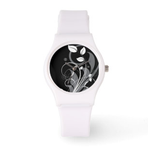 Reloj De Pulsera Estampado de flores gris en negro