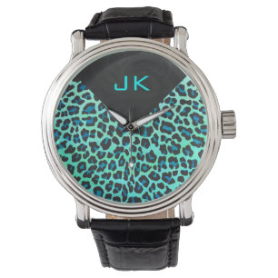 Reloj De Pulsera Estampado de Leopardo Negro y Azul Turquesa