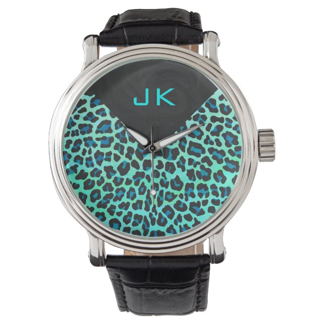 Reloj De Pulsera Estampado de Leopardo Negro y Azul Turquesa (Anverso)