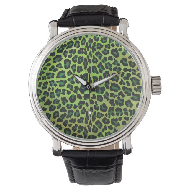 Reloj De Pulsera Estampado de leopardo negro y verde (Anverso)