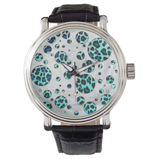 Reloj De Pulsera Estampado negro y azul turquesa de leopardo (Anverso)