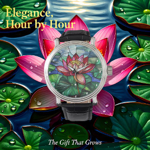 Reloj De Pulsera Estanque Floral de Loto en Vidrio Pintado