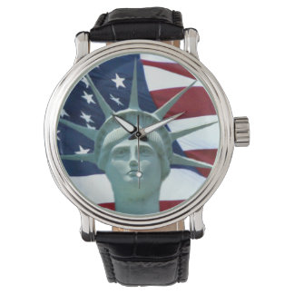 Reloj De Pulsera Estatua de la Libertad y bandera estadounidense