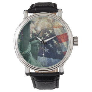 Reloj De Pulsera Estatua de la Libertad y Bandera Estadounidense co