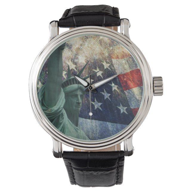 Reloj De Pulsera Estatua de la Libertad y Bandera Estadounidense co (Anverso)