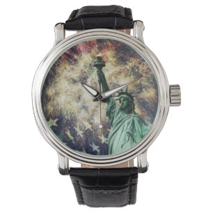 Reloj De Pulsera Estatua de la Libertad y Bandera Estadounidense co