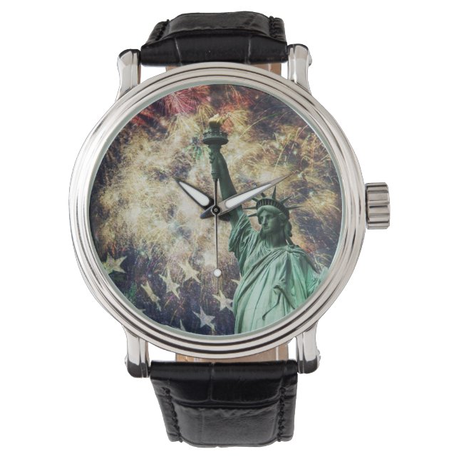 Reloj De Pulsera Estatua de la Libertad y Bandera Estadounidense co (Anverso)
