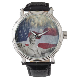 Reloj De Pulsera Estatua de Lincoln y Bandera Americana con fuegos