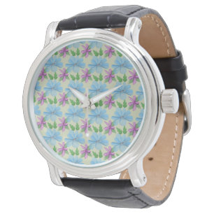 Reloj De Pulsera Estética de Patrón Floral Azul Flor de Acuarela