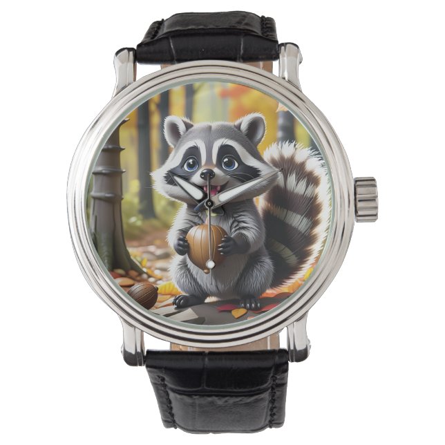 Reloj De Pulsera Estilo kawaii lindo Raccoon ambiente otoño (Anverso)