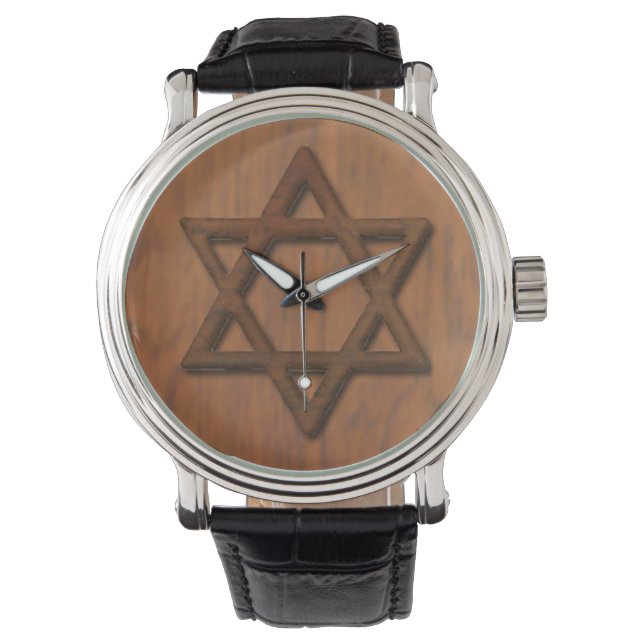 Reloj De Pulsera Estrella De La Madera Esculpida De David (Anverso)