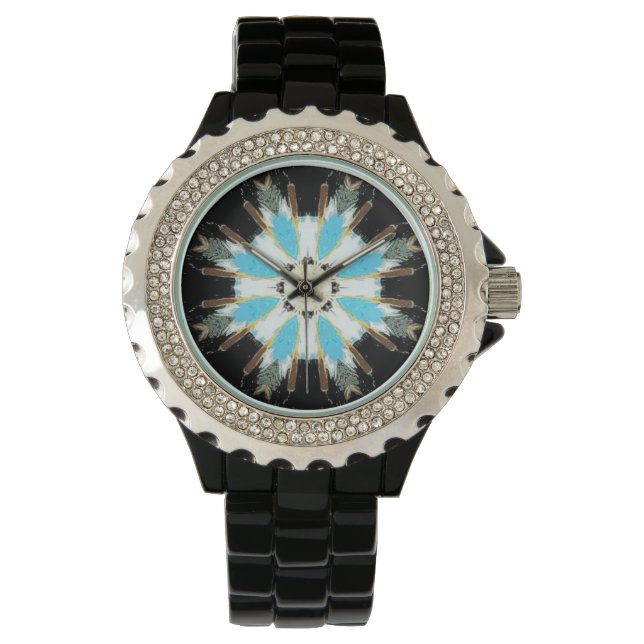 Reloj De Pulsera estrella de plumas azules sobre negro (Anverso)