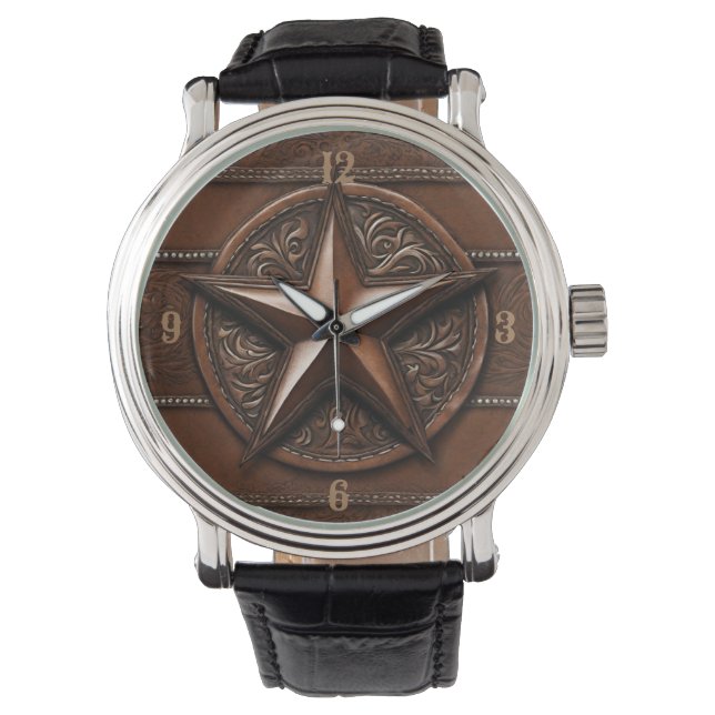 Reloj De Pulsera Estrella de Texas Rústica de Cowboy Brown (Anverso)