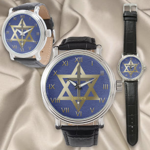 Reloj De Pulsera Estrella dorada de David con cruz marrón