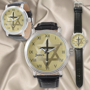 Reloj De Pulsera Estrella dorada de David con cruz negra