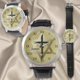 Reloj De Pulsera Estrella dorada de David con cruz negra