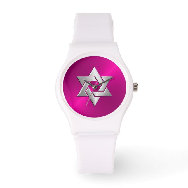 Reloj De Pulsera Estrella plateada de David en rosa caliente (Anverso)