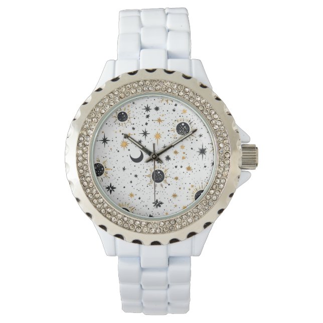 Reloj De Pulsera Estrellas de luna de sol celestial negro y dorado (Anverso)