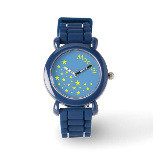 Reloj De Pulsera Estrellas doradas personalizadas y azul lunar (Anverso)