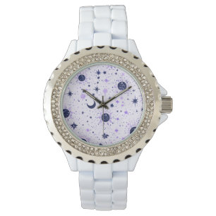 Reloj De Pulsera Estrellas lunares celestiales negras y moradas