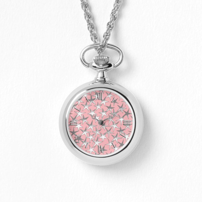 Reloj De Pulsera Estrellas plateadas, en rosa concha (Anverso)