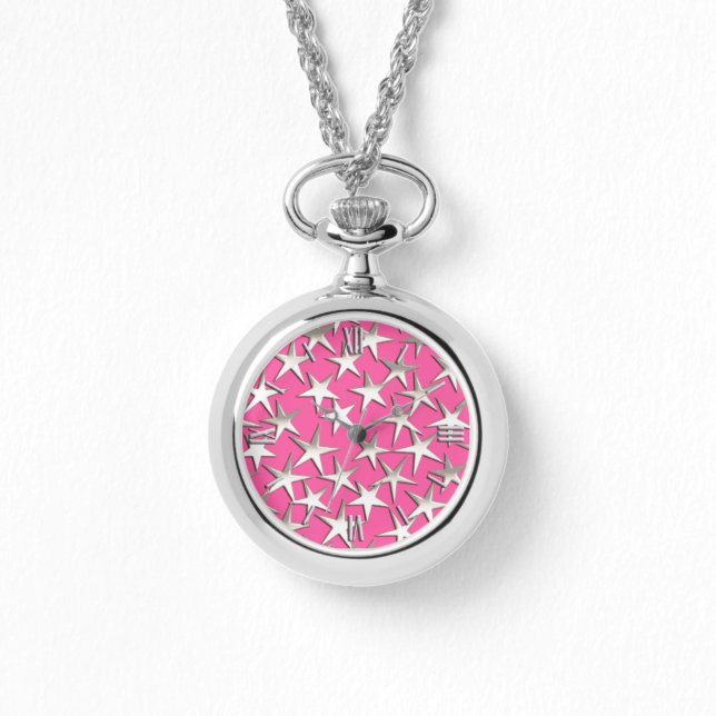Reloj De Pulsera Estrellas plateadas en rosa fucsia (Anverso)