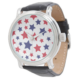 Reloj De Pulsera Estrellas Rojas y Azules, 4 de Julio, Fondo Blanco