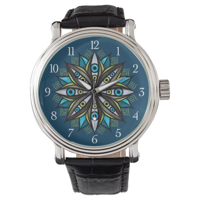 Reloj De Pulsera Extraños Ojos Mandala Art - Trippy Flor Azul Verde (Anverso)
