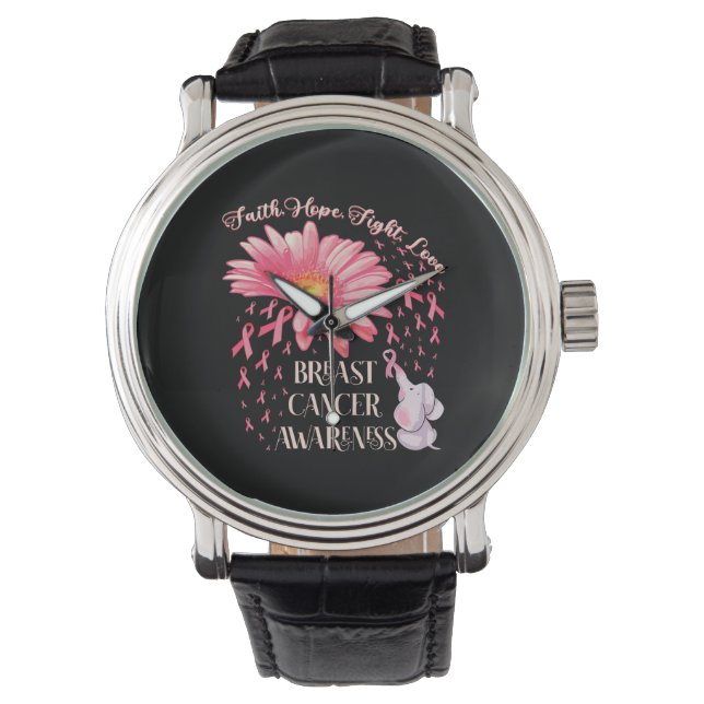 Reloj De Pulsera Faith Hope Fight Love Elephant Breast Cancer (Anverso)