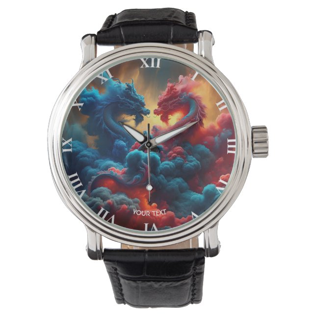 Reloj De Pulsera Fantasía Cute Dragones Azules Rojos (Anverso)