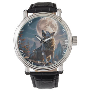Reloj De Pulsera Fantasía De Lobo A La Luna