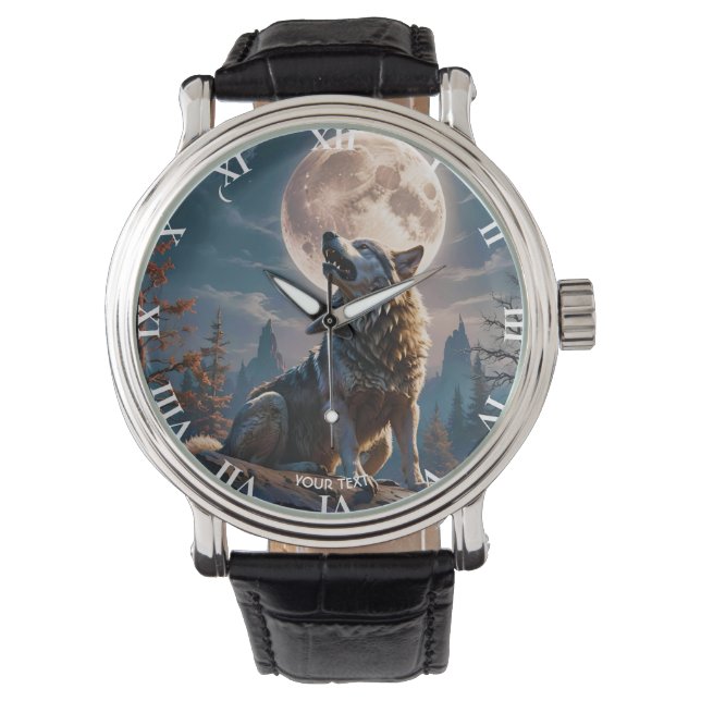 Reloj De Pulsera Fantasía De Lobo A La Luna (Anverso)