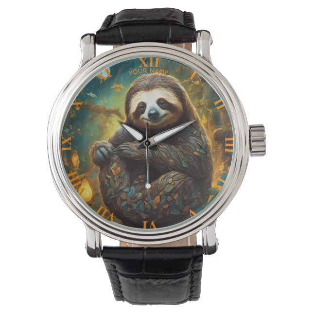 Reloj De Pulsera Fantasy Cute Vivid Flores Majestic Sloth (Anverso)
