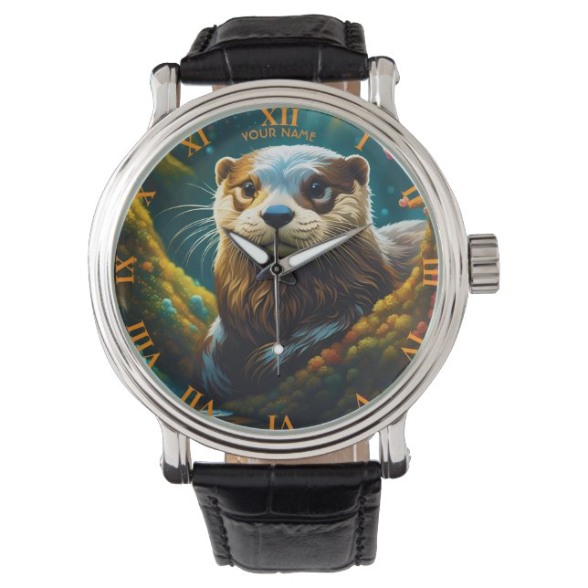 Reloj De Pulsera Fantasy Cute Vivid Majestic Otter Flowers (Anverso)