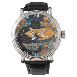 Reloj De Pulsera Fantasy Cute Vivit Black Naranjas Gatos